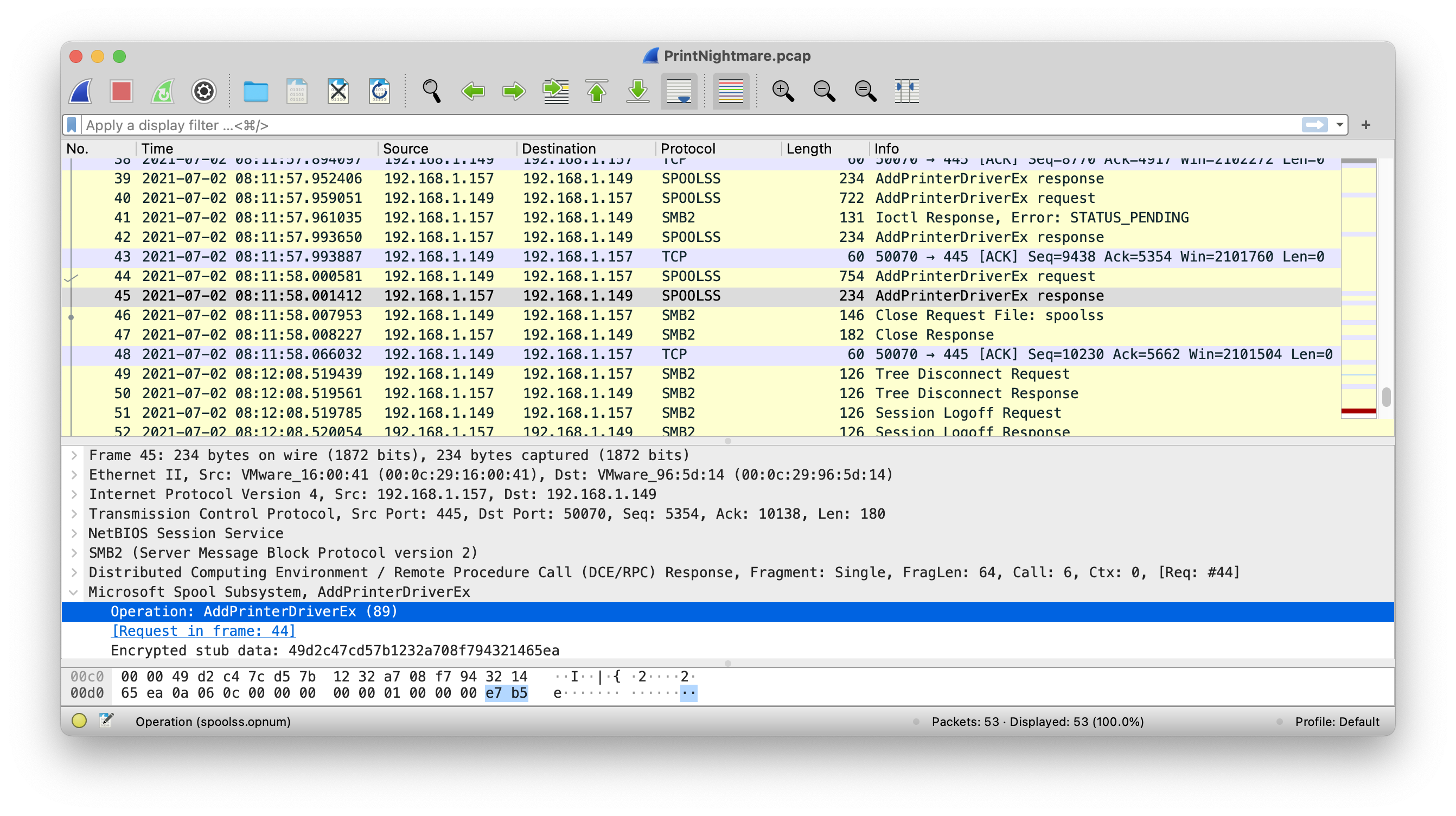 PCAP in Wireshark showing PrintNightmare exploit carried over DCE/RPC in the clear.